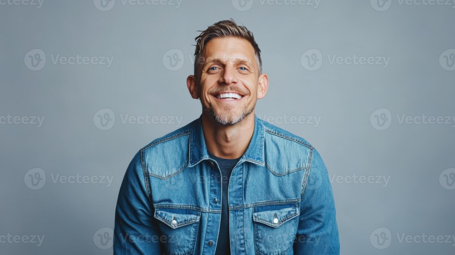 Happy man smiling wearing a denim jacket photo