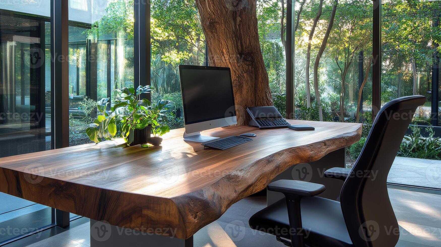 Modern Wooden Desk With Computer Near Large Window photo
