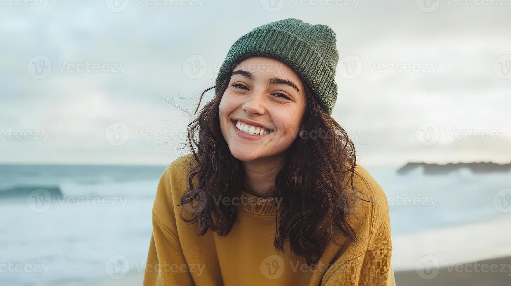 Happy Young Woman Smiling Near Ocean Waves photo