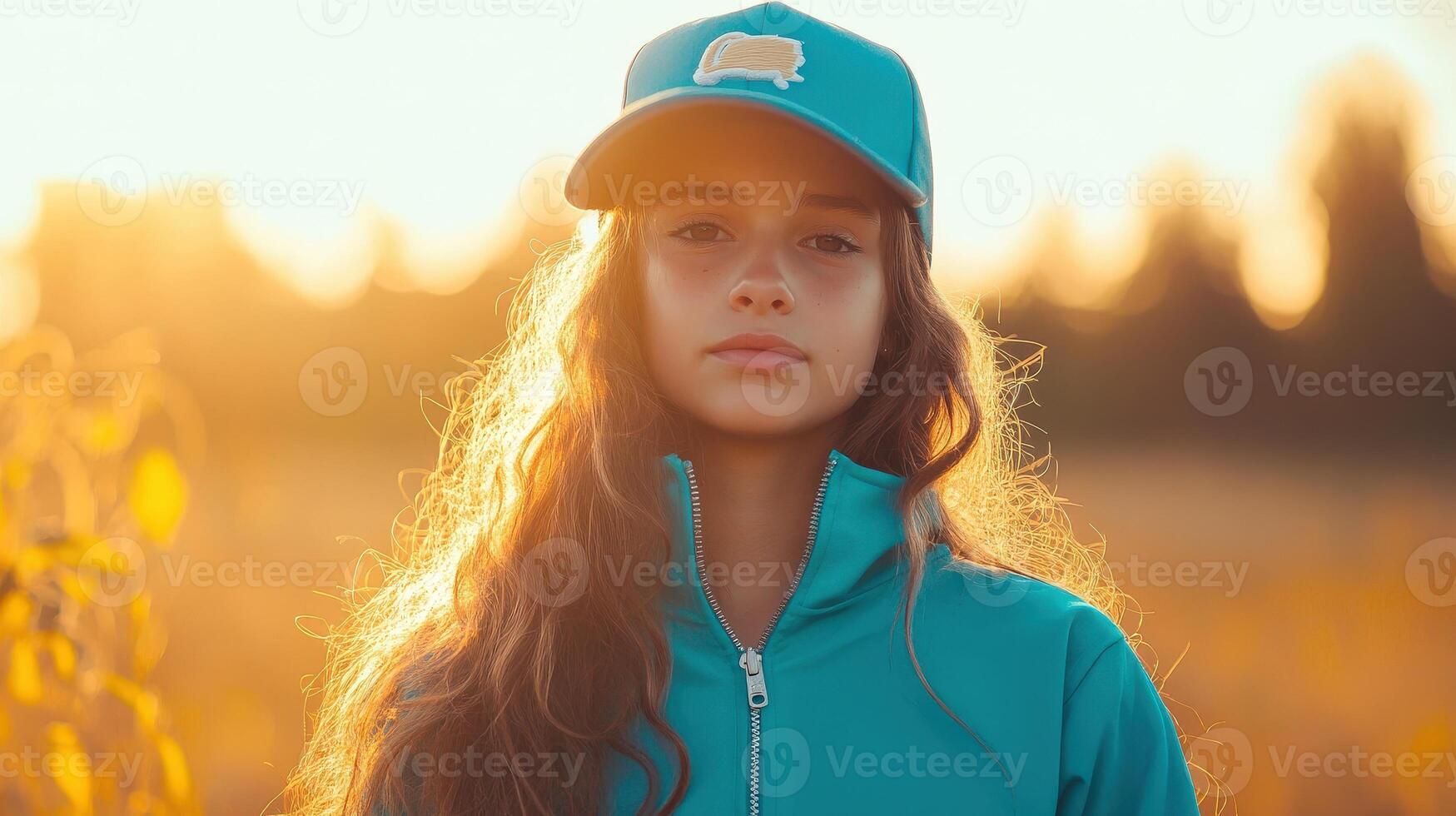 Girl with long hair wearing a teal jacket and cap photo
