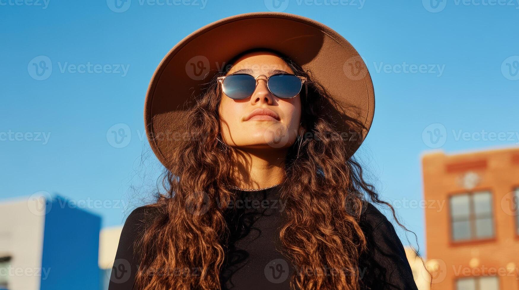 Woman wearing a hat sunglasses and black top photo