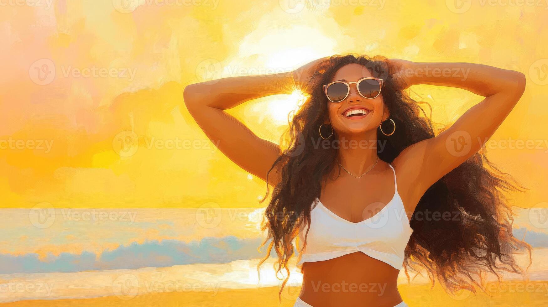 Happy Woman Enjoying Sunset Beach Scene photo