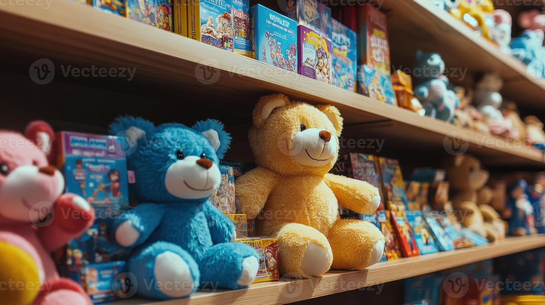 Stuffed animals and childrens books line wooden shelves photo