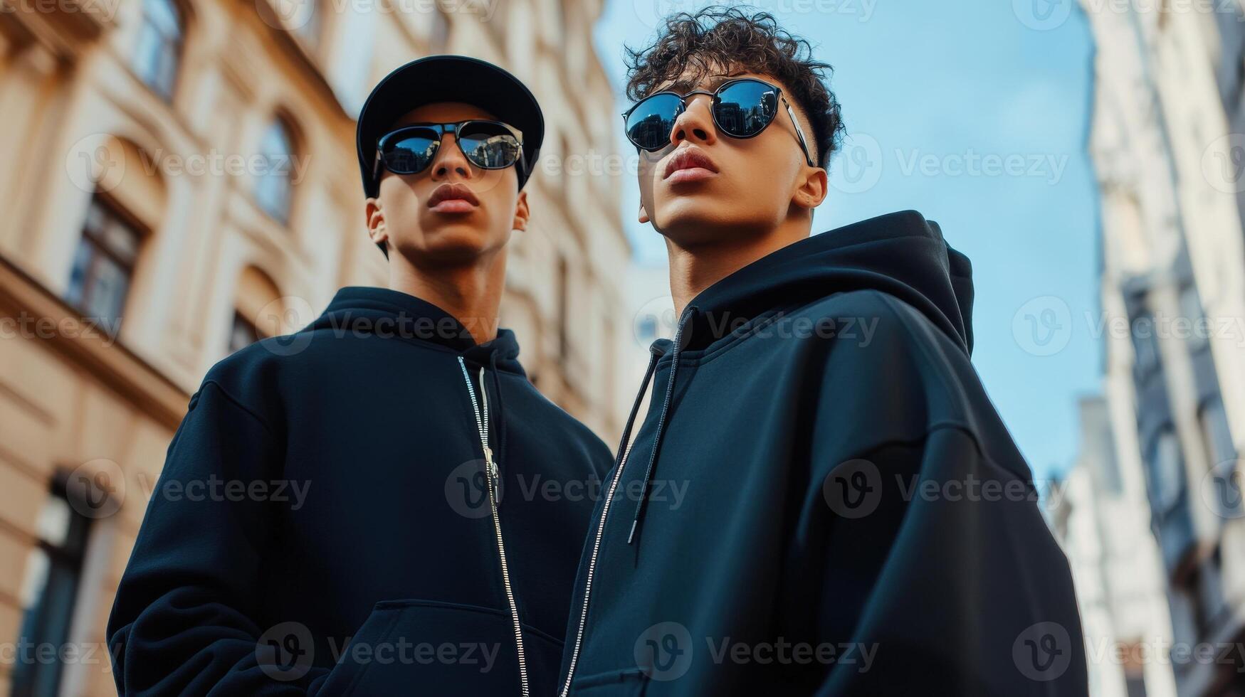Two young men wearing black hoodies and sunglasses photo