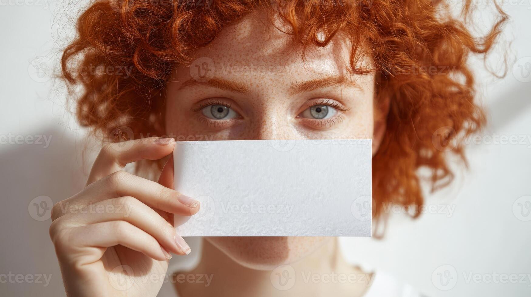 Redhead woman holding a blank white card photo