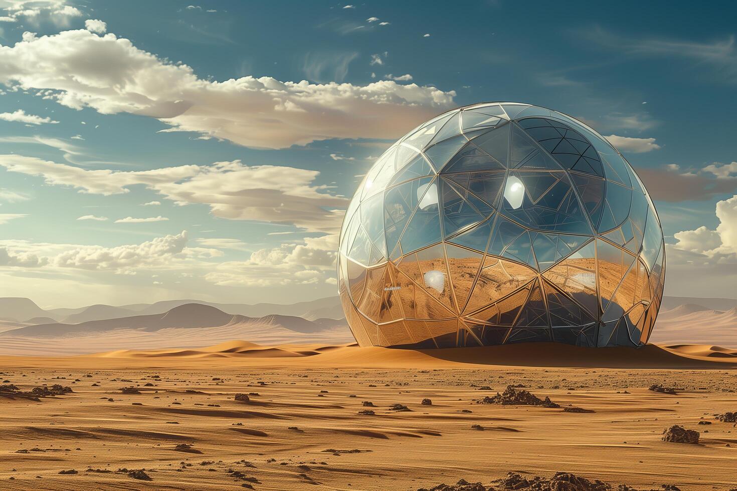 A futuristic looking glass dome in the desert photo