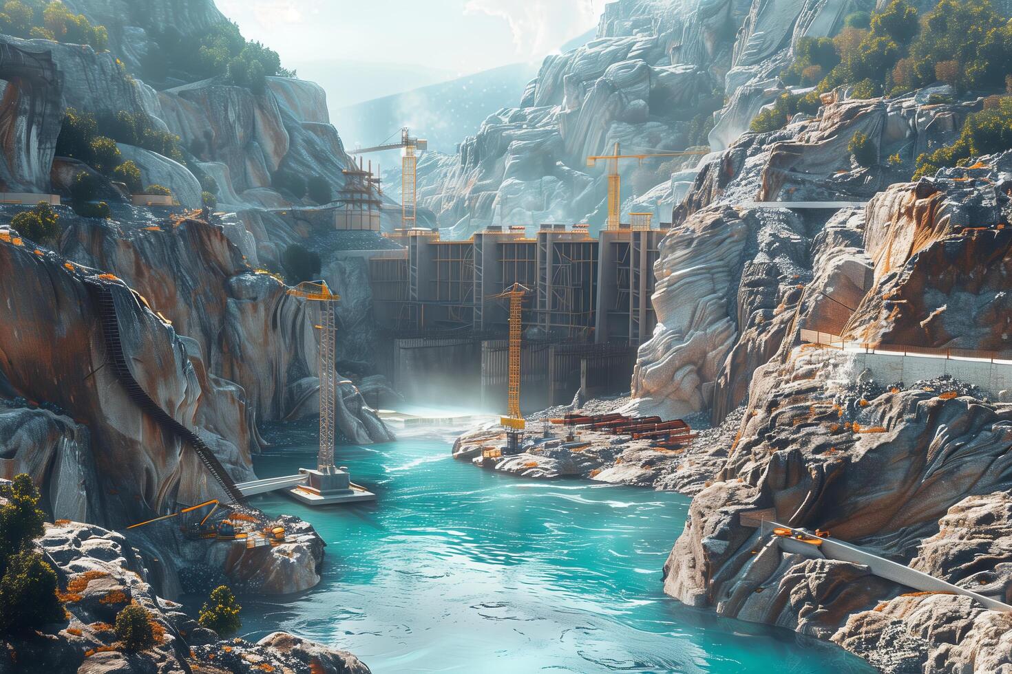 A river flows through a mountain range with a dam in the middle photo