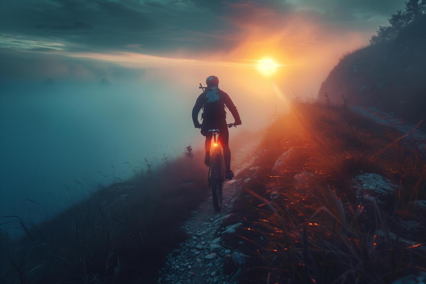 A person riding a bike on a trail at sunset photo