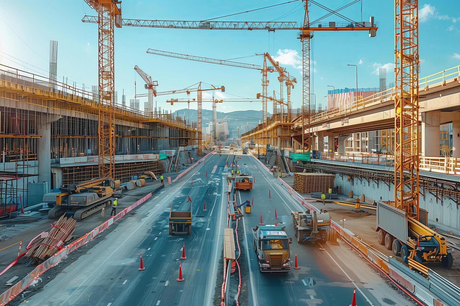 Construction cranes on a highway with construction equipment photo