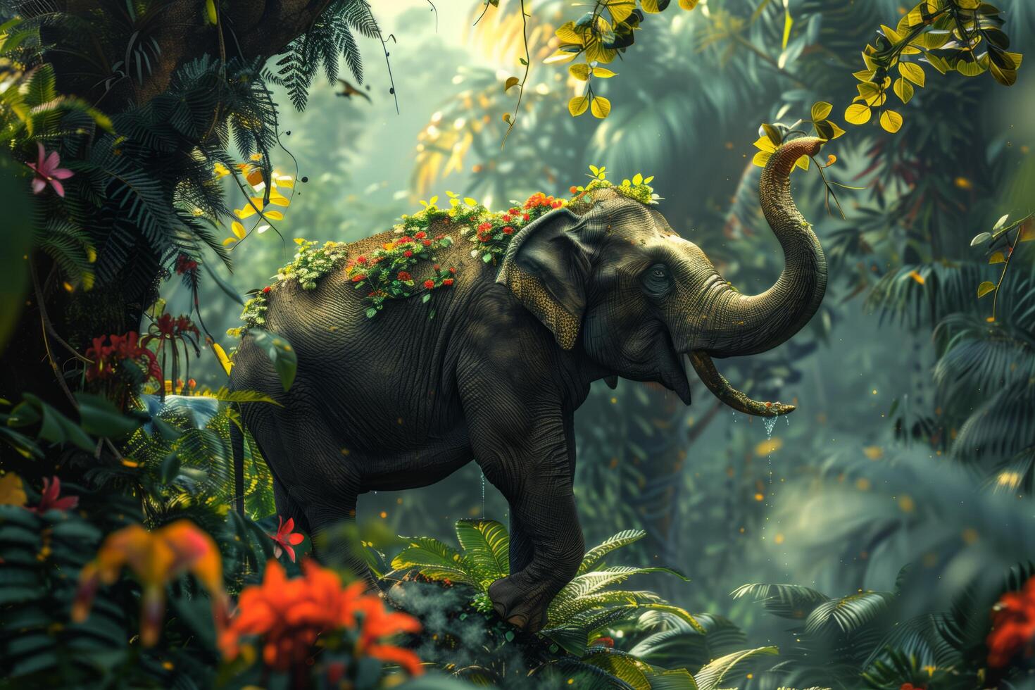 An elephant is walking through the jungle with flowers on its trunk photo
