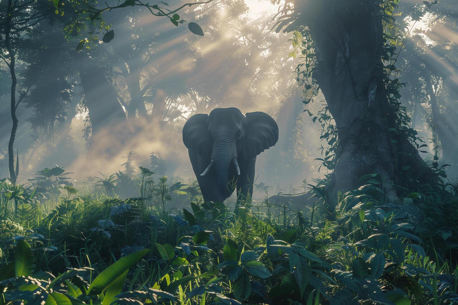An elephant is walking through the jungle photo
