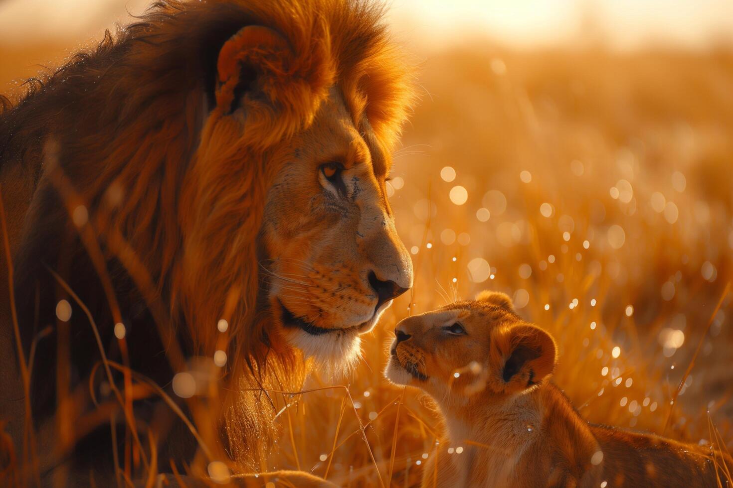 A lion and a cub are in the grass photo