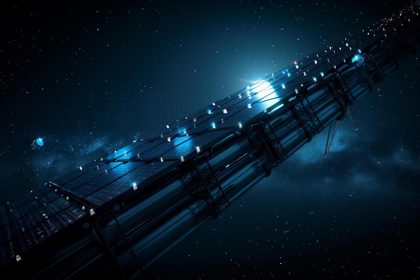 A space ship with lights on it in the dark photo