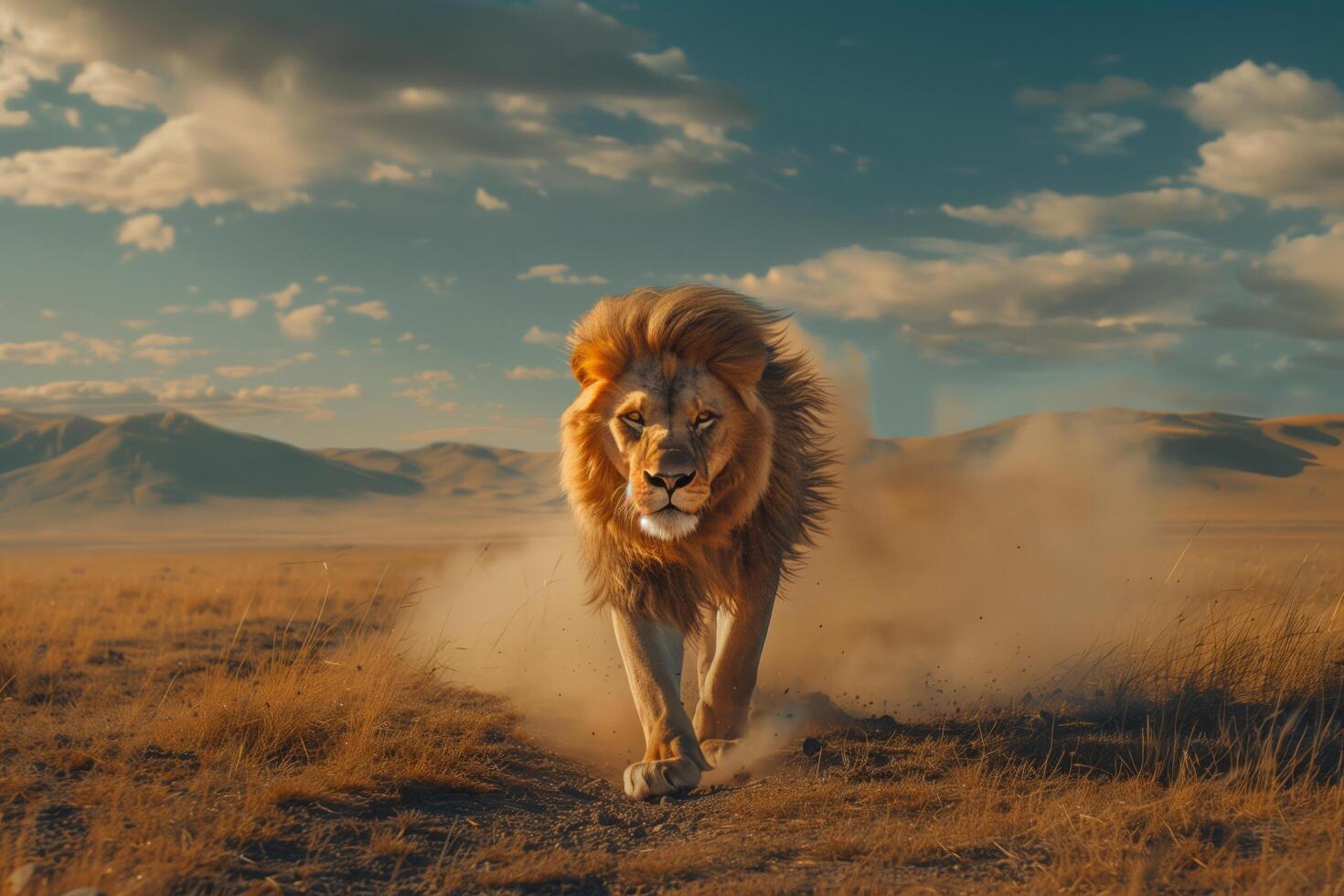 A lion walking across a field with dust in the air photo