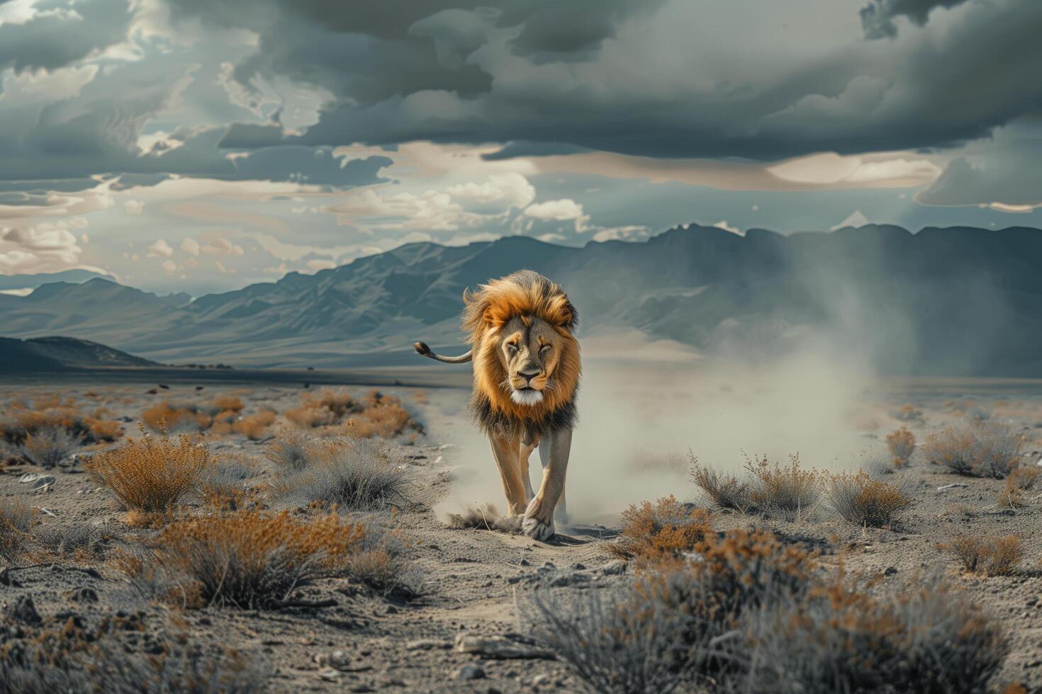 A lion walking across a field with a stormy sky photo