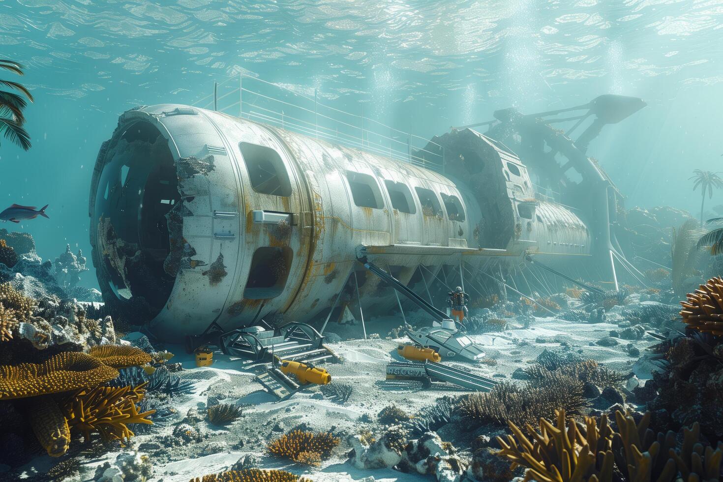 An underwater scene with a ship and coral photo