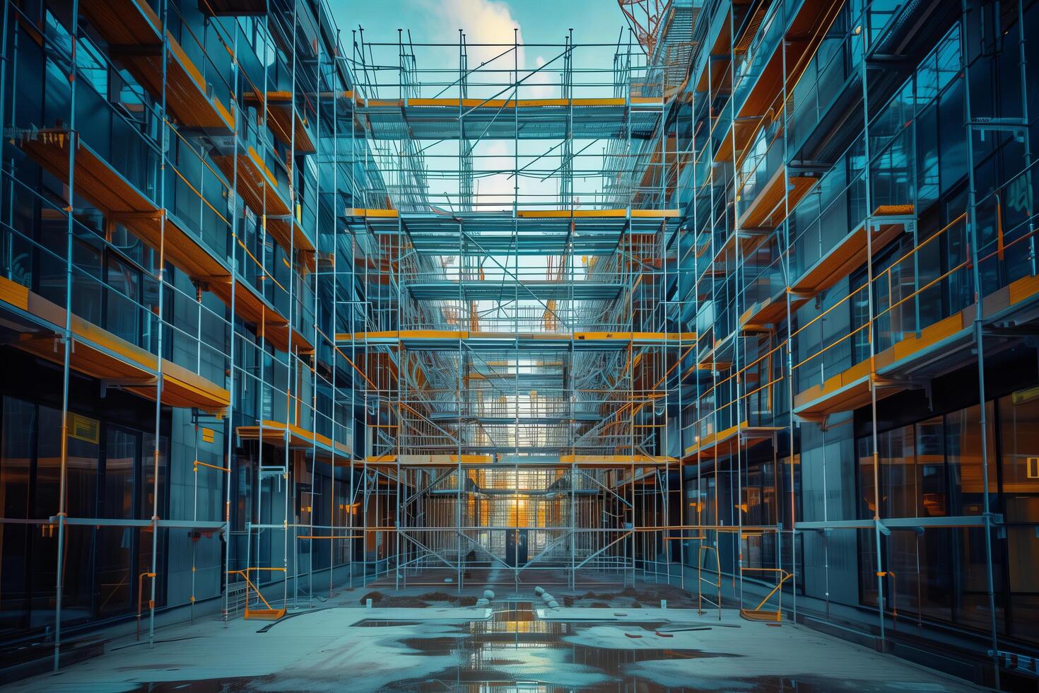 An empty building with scaffolding and windows photo