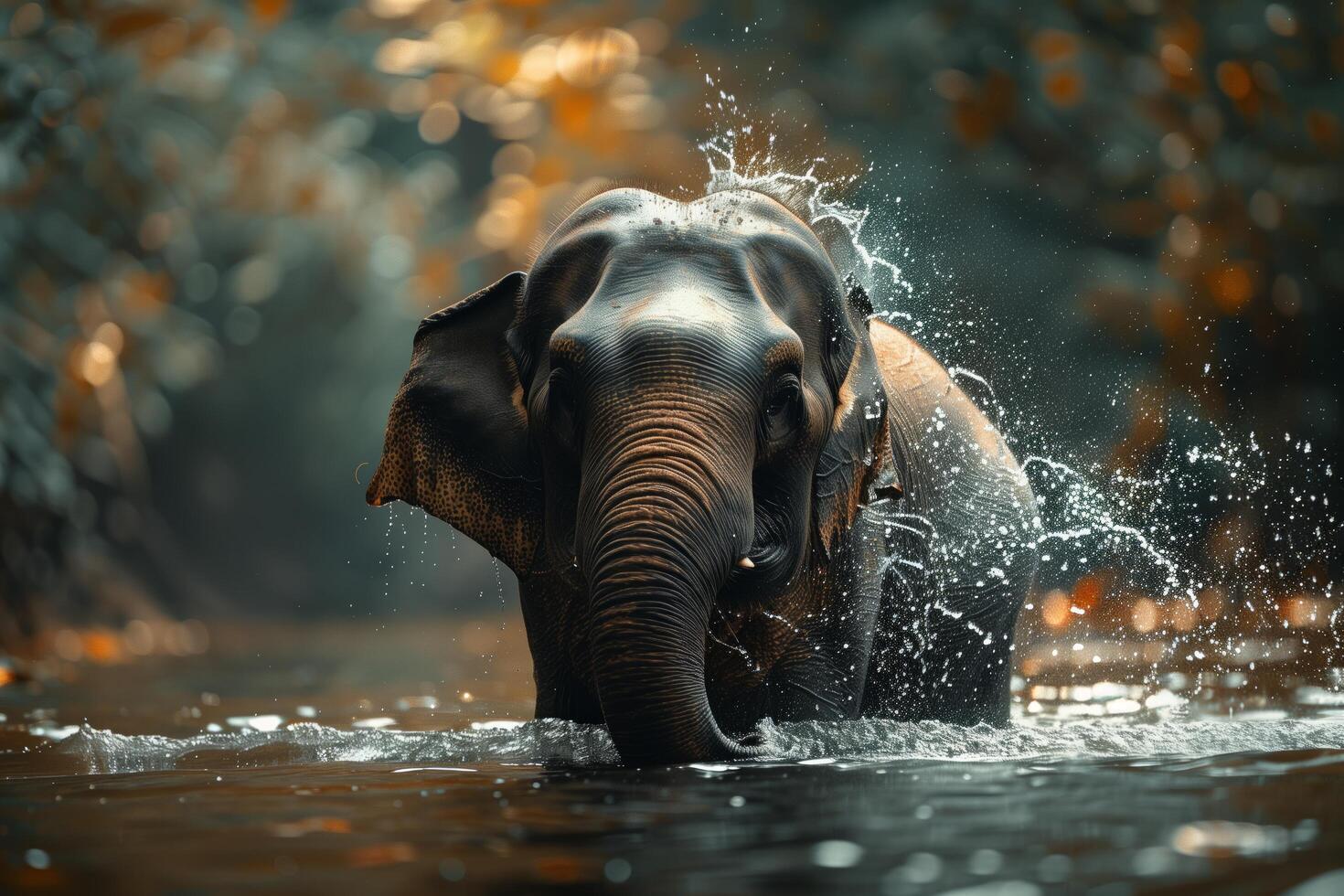An elephant is splashing water in the water photo