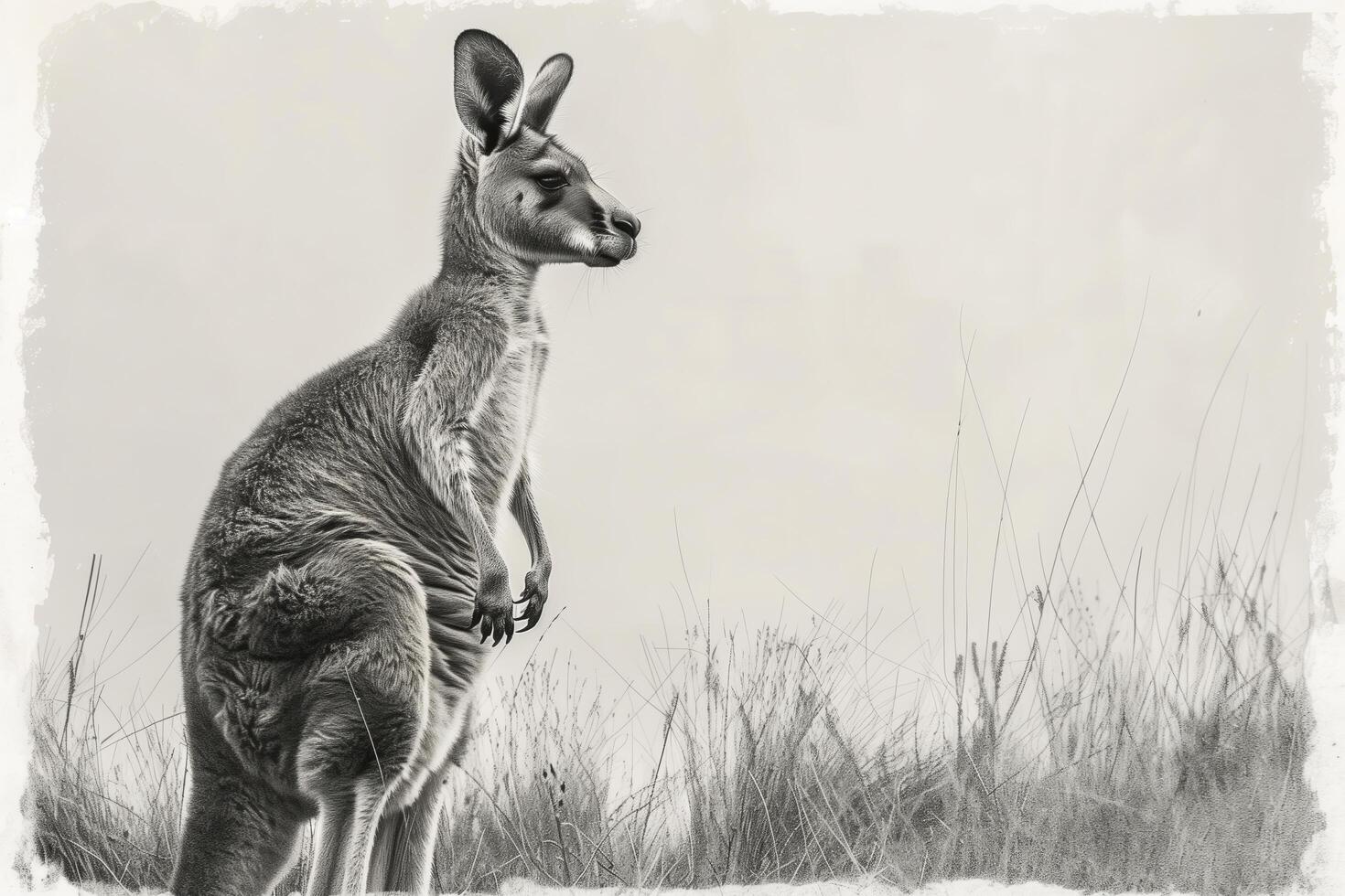 A black and white photo of a kangaroo standing in the grass