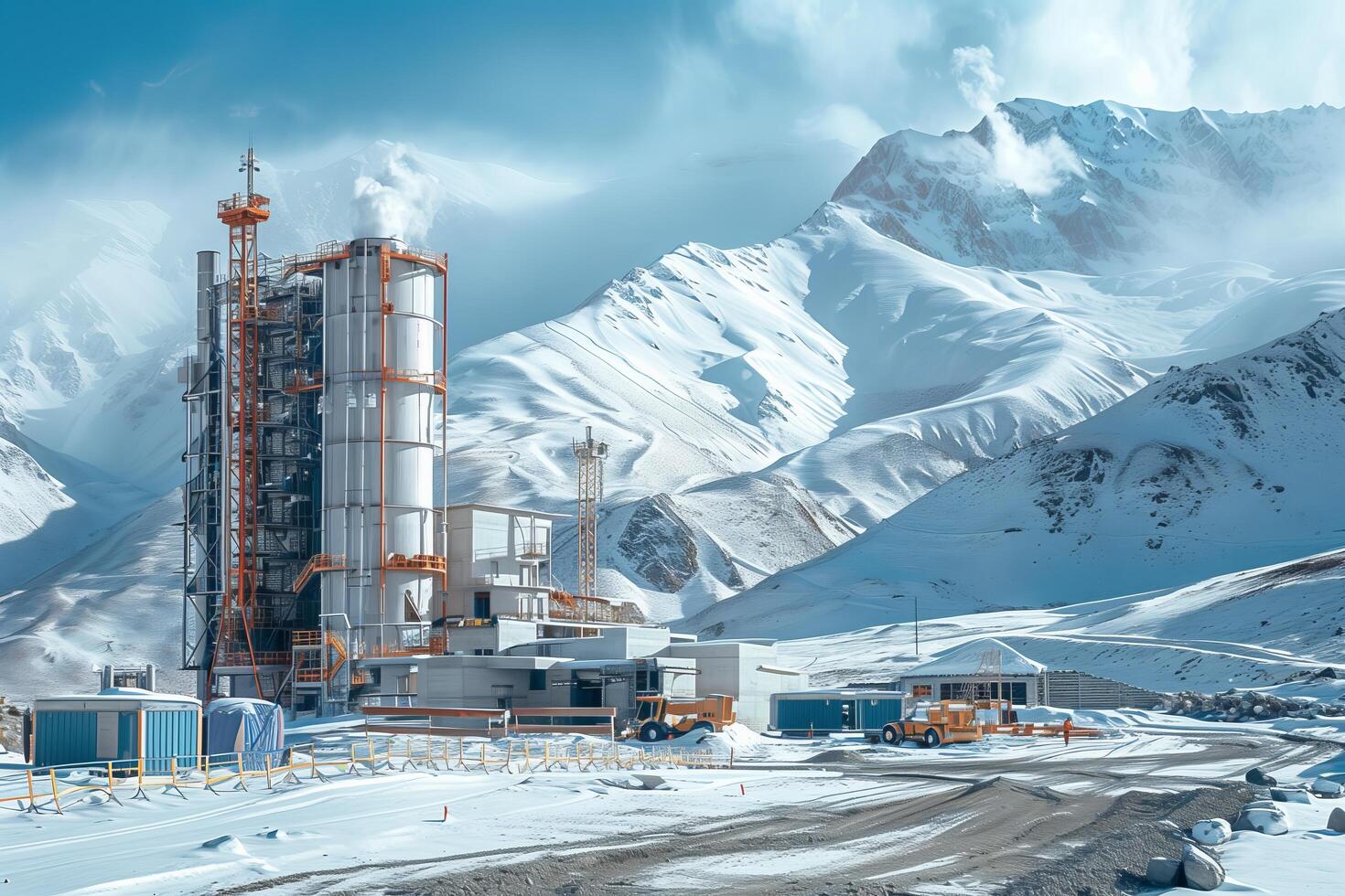 A factory in the mountains with snow on the ground photo