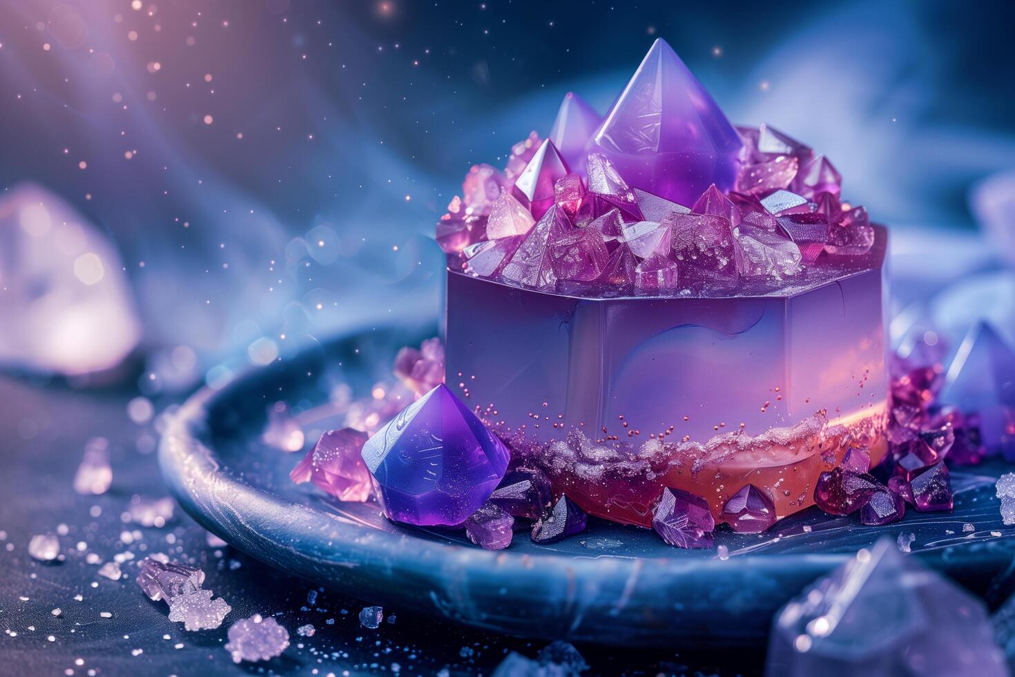 A purple cake with crystals on top photo