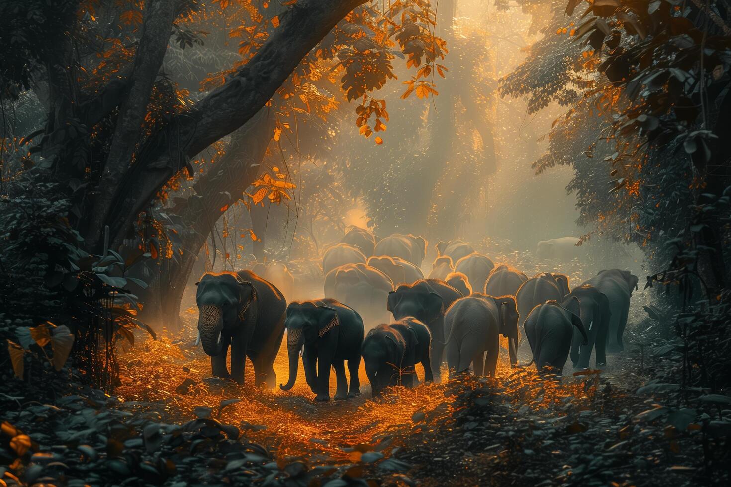 A herd of elephants walking through a forest photo
