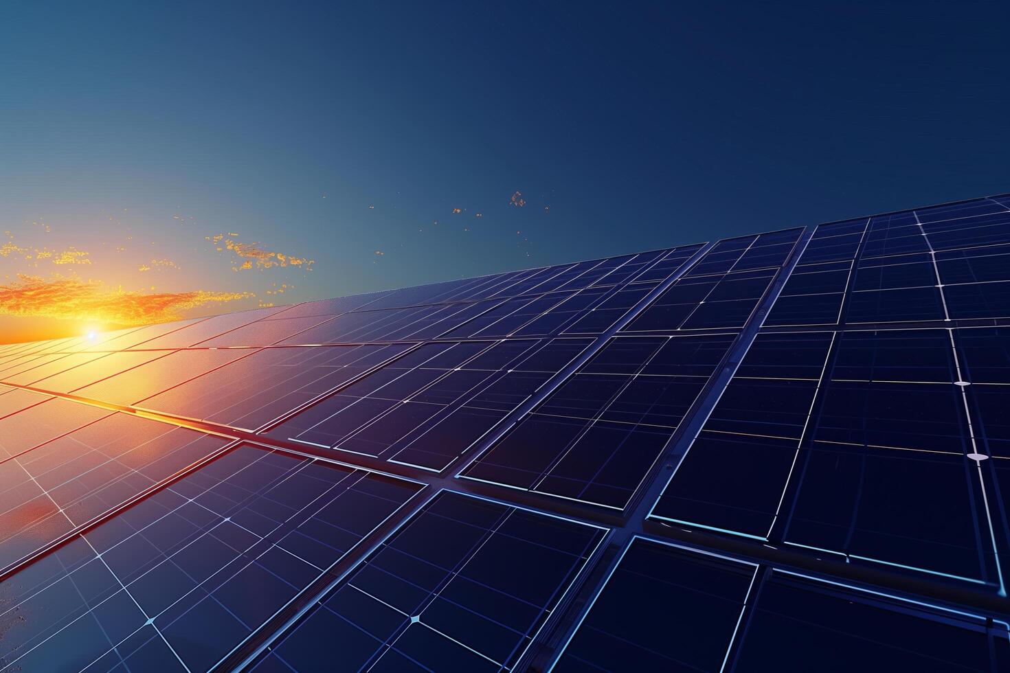Solar panels on a blue sky with the sun setting photo