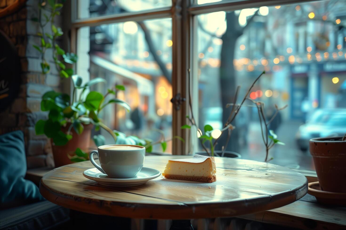 Coffee and cake on a table in front of a window photo