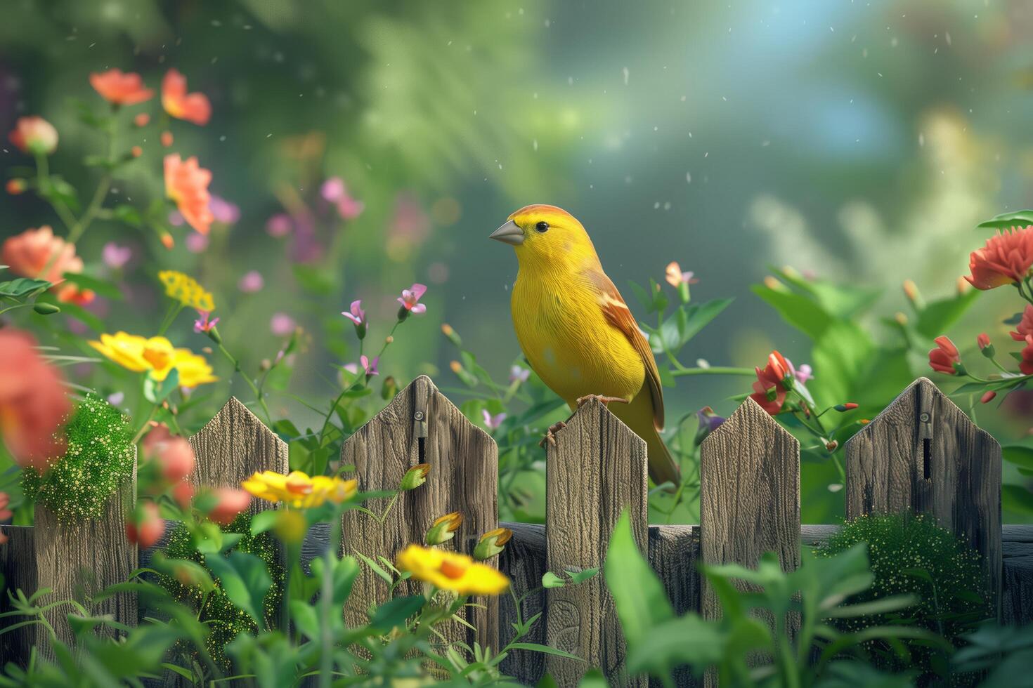 A yellow bird is perched on a wooden fence photo