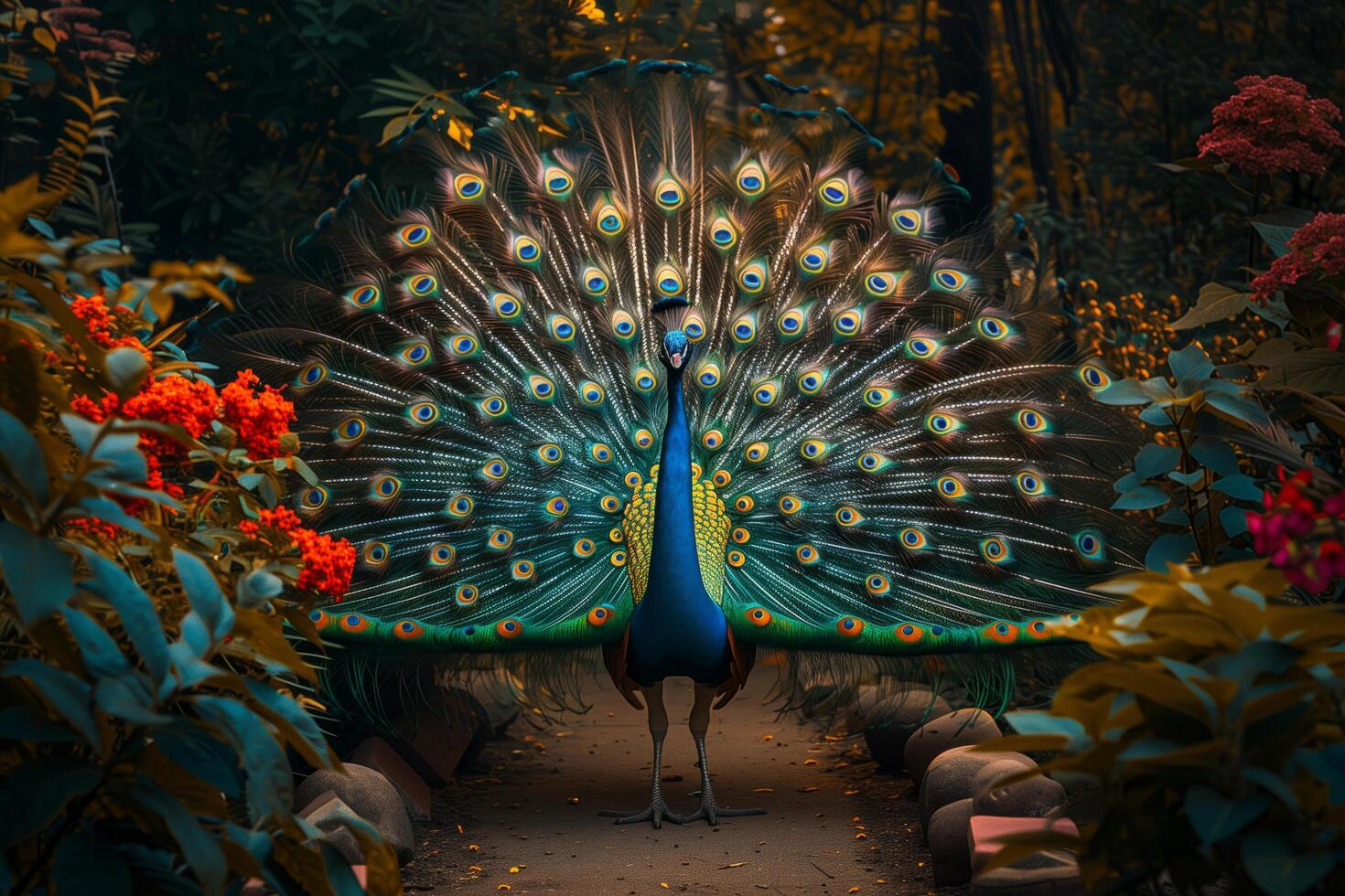 A peacock is walking through a garden photo