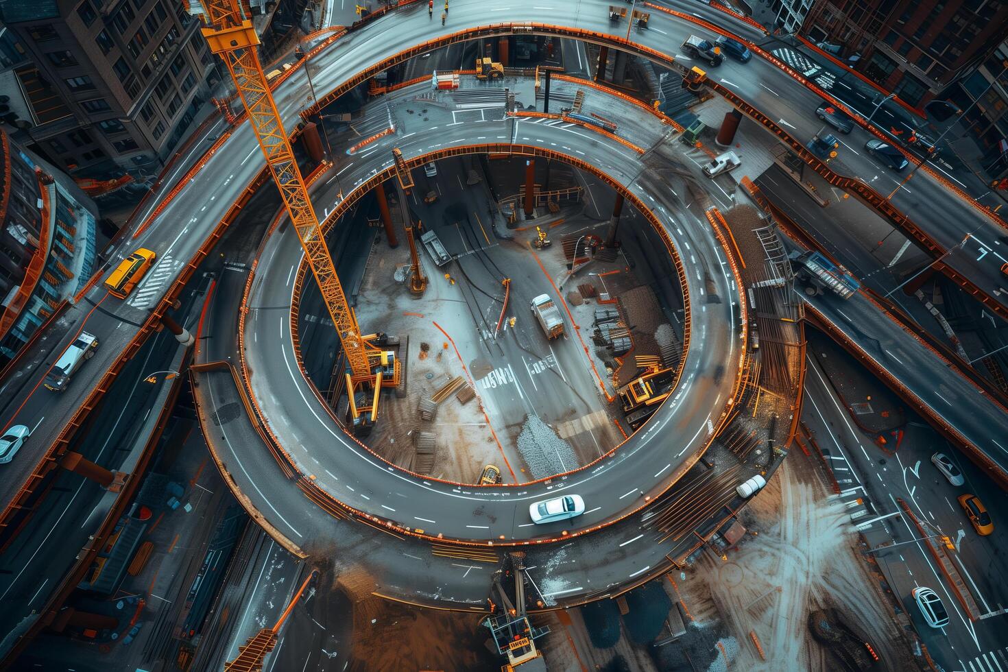 An aerial view of a city street with construction equipment photo