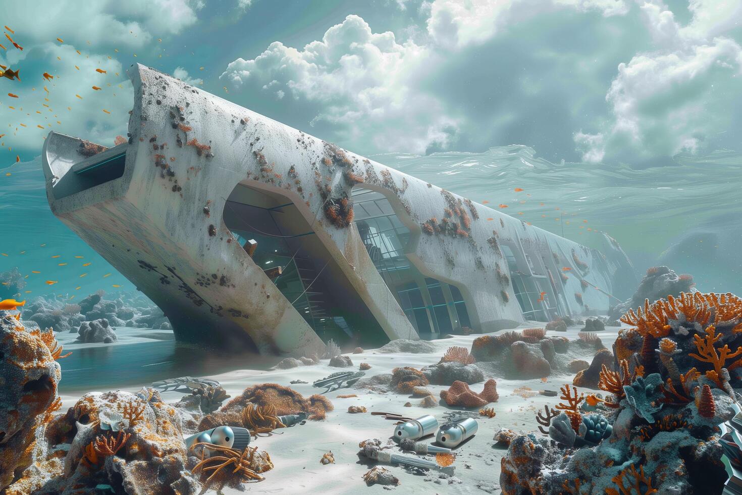 A building in the ocean with a lot of fish photo