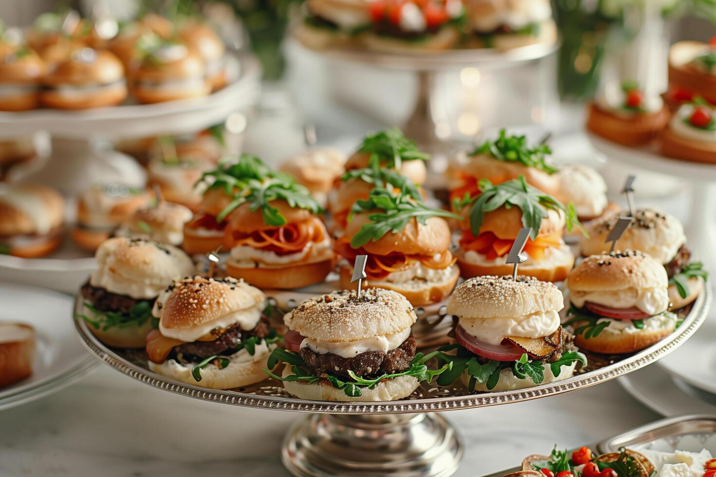 A table topped with mini sandwiches and other food photo