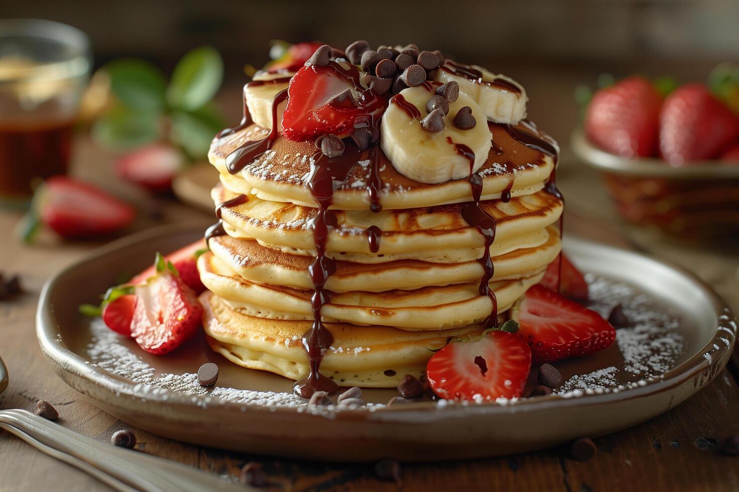 A stack of pancakes topped with strawberries and chocolate chips photo