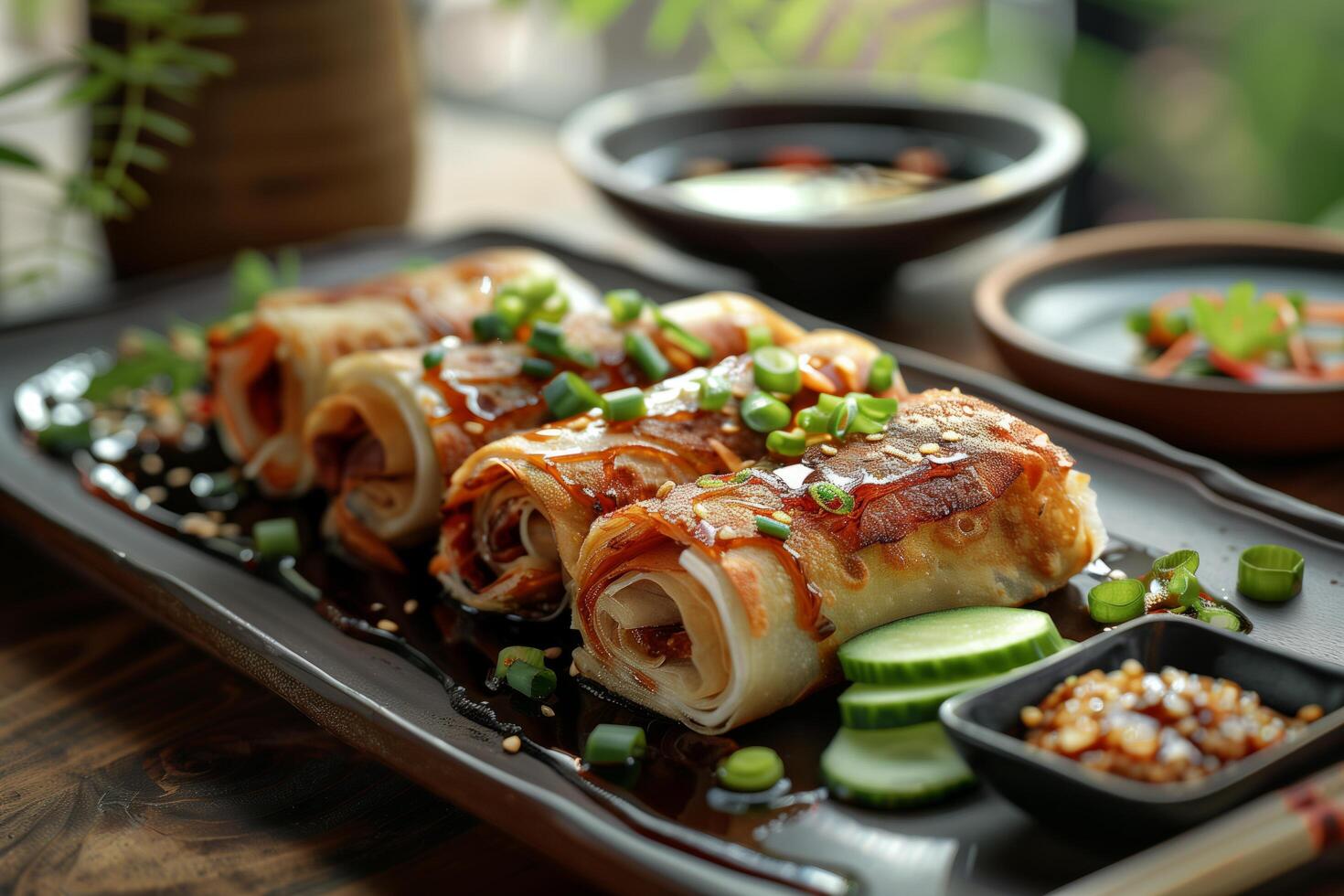 A plate of food with rolls and cucumbers photo