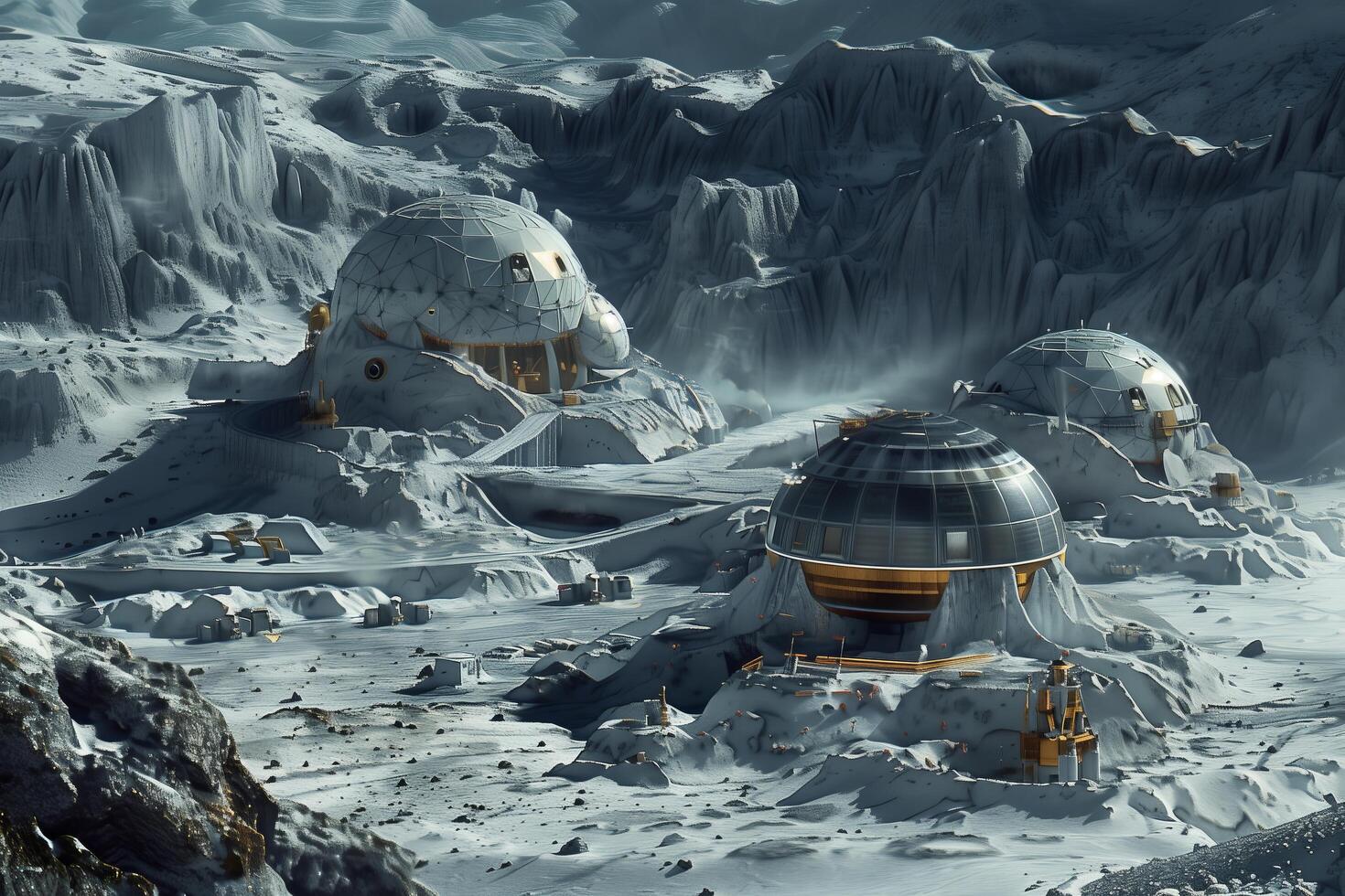 A futuristic city in the middle of a snowy mountain photo