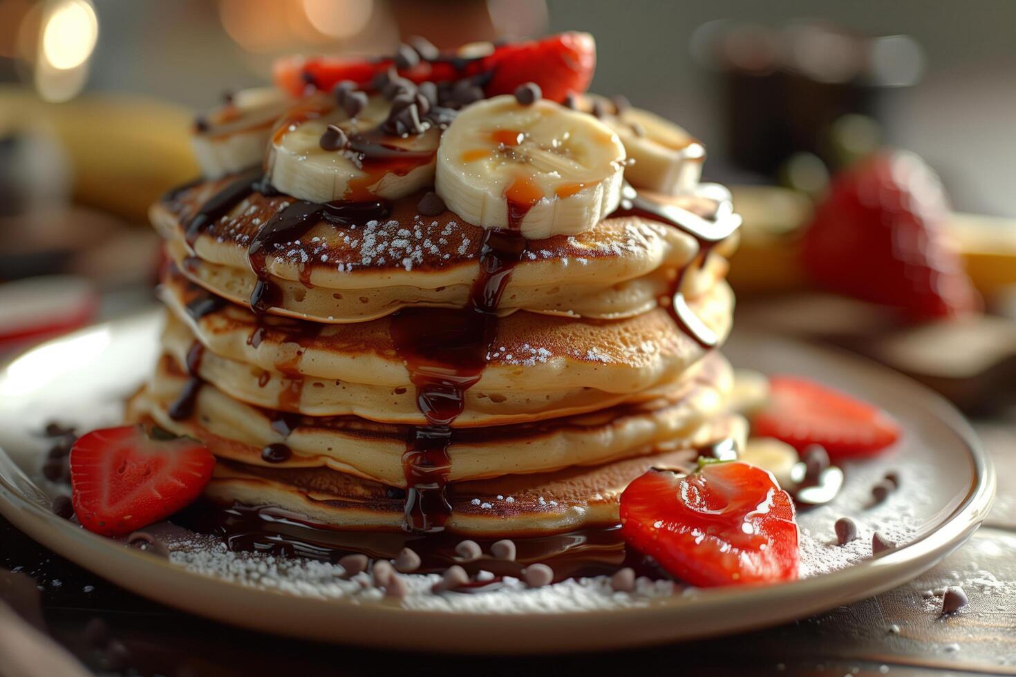 A stack of pancakes topped with strawberries and bananas photo