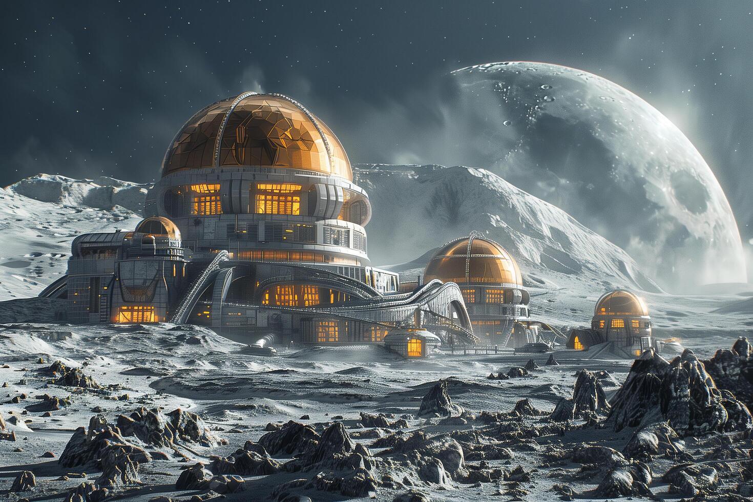 An alien city on the moon with a moon in the background photo