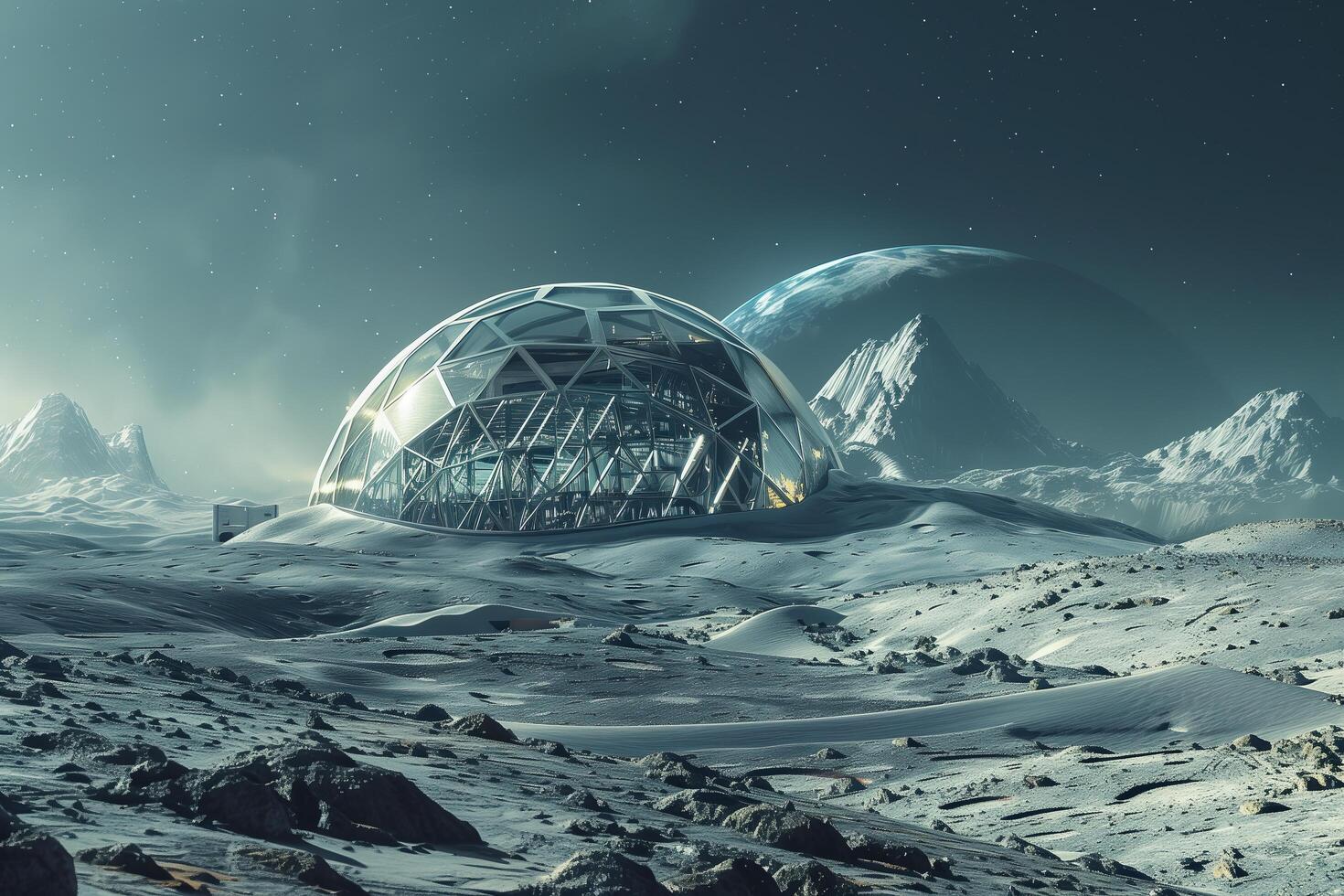 An alien house on the moon with mountains in the background photo