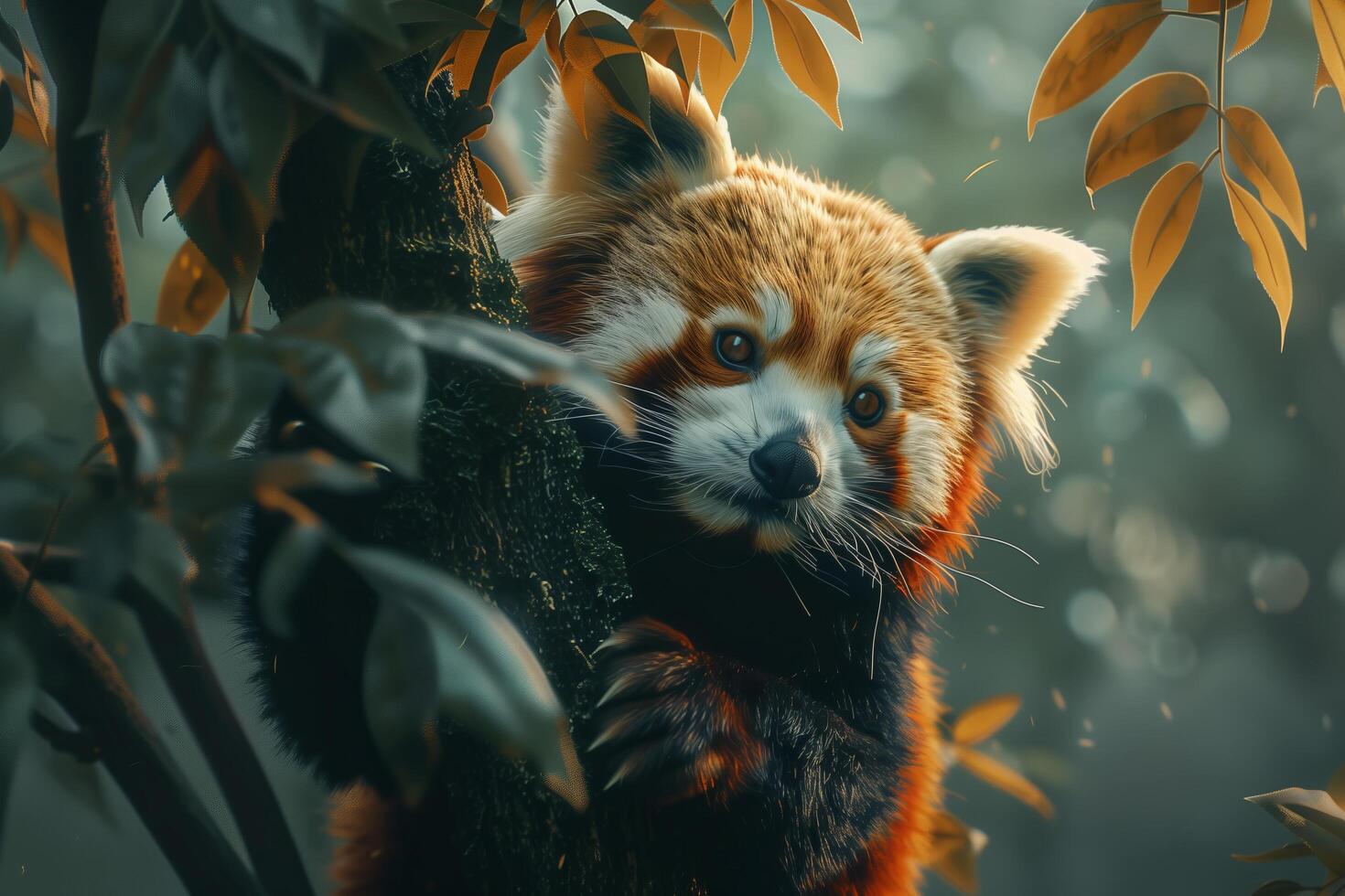 A red panda is sitting in a tree photo