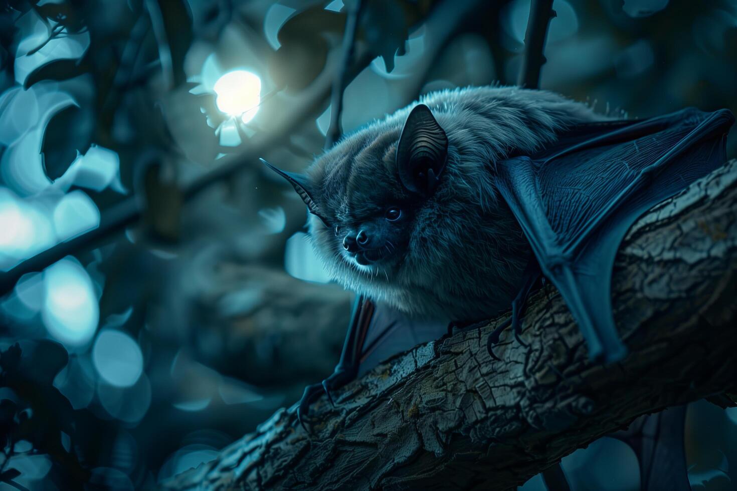 A bat is sitting on a branch in the dark photo