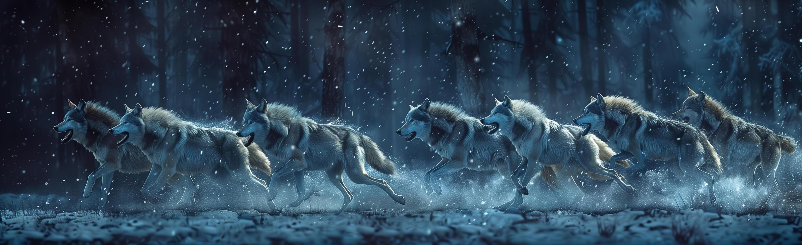 A group of horses running in the snow photo