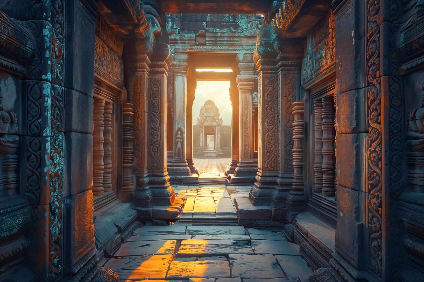 The sun is shining through the doorway of an ancient temple photo