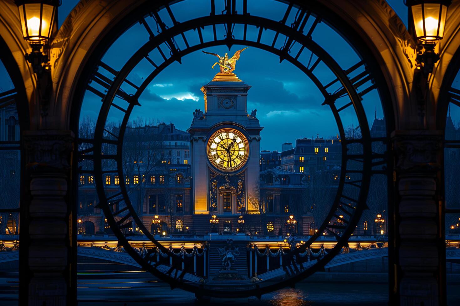 A clock tower with a gold statue on top photo