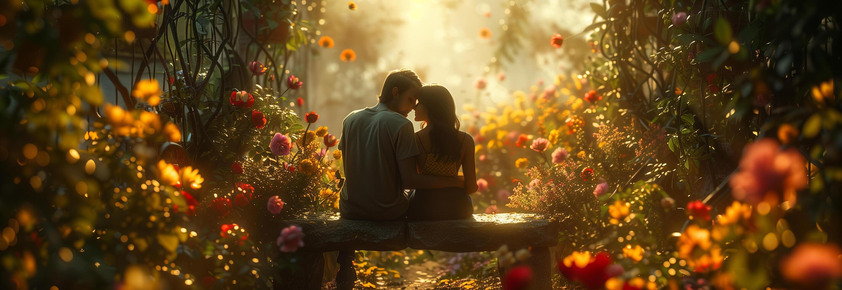 A couple is sitting on a bench in a garden with flowers photo