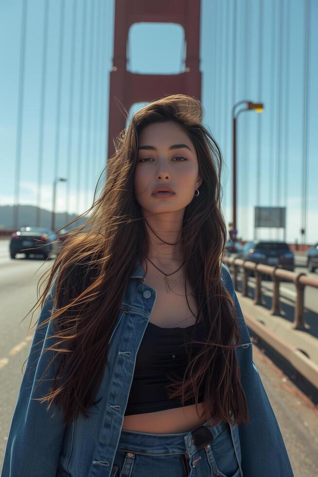 A woman in denim jacket standing in front of the golden gate bridge photo