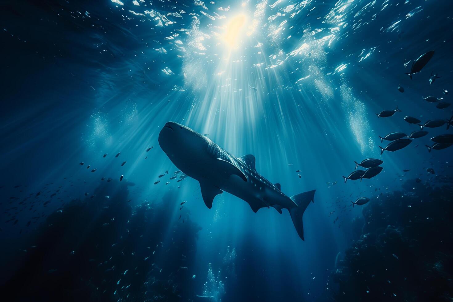 A shark swimming in the ocean with sunlight shining down photo