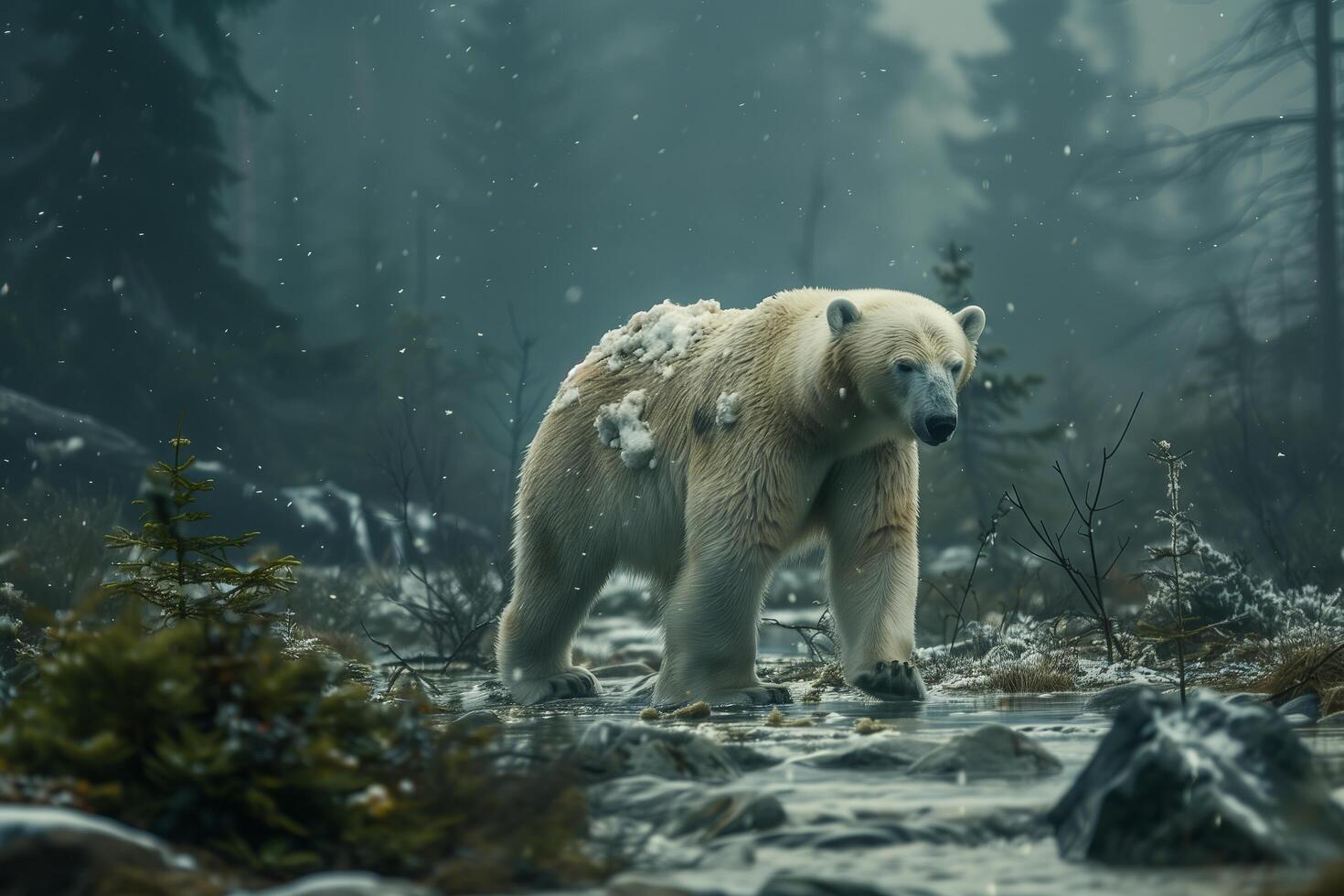 A polar bear walking through a forest in the snow photo