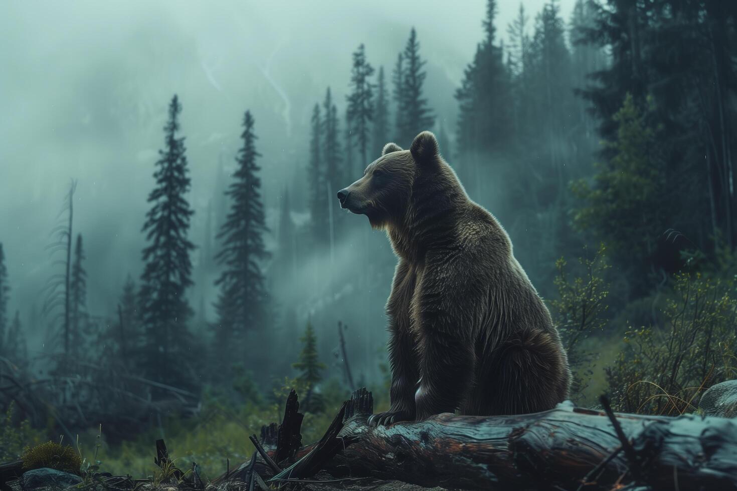 A bear sitting on a log in the middle of a forest photo