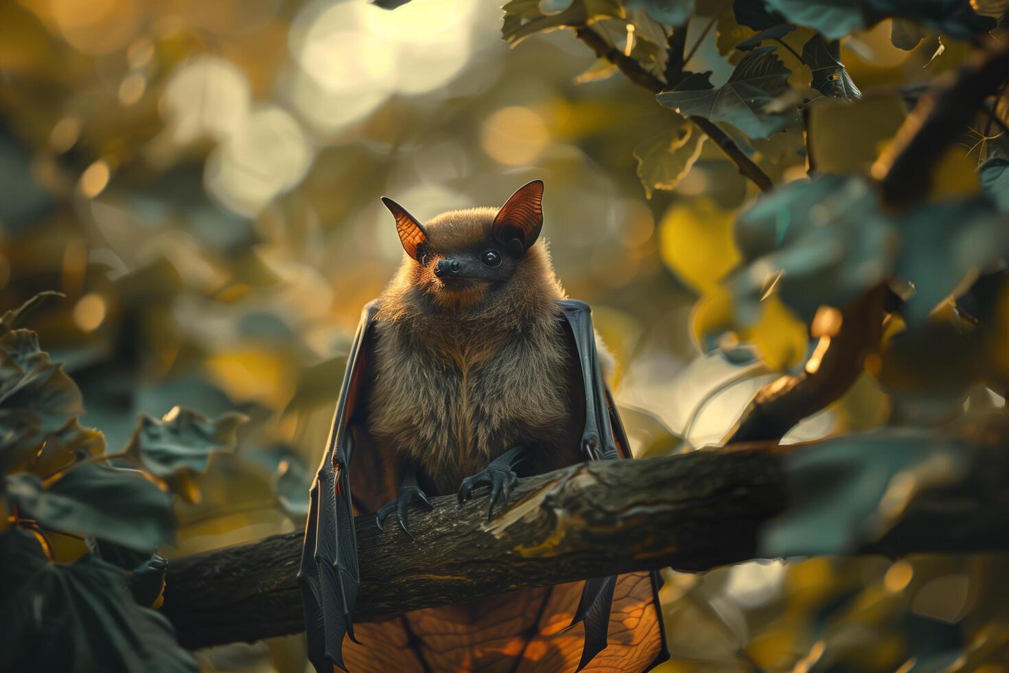 A bat sitting on a branch in the sunlight photo